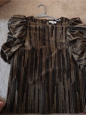 THML Black Top with Metallic Gold Stripes and Puff Sleeves